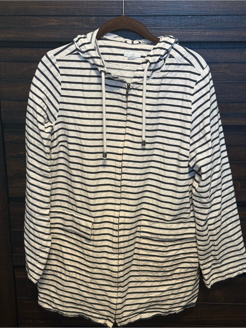 J.Jill Mariner Striped Hooded Zip Jacket Navy White Cotton Size S